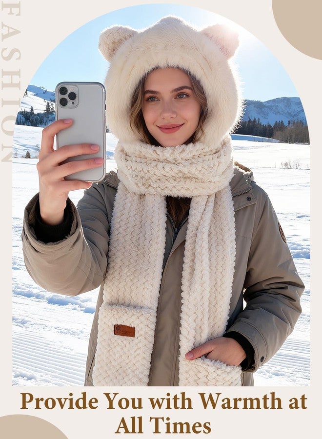 Bigmeta Winter Warm Hooded Scarf for Women- 3-in-1 Thick Fluffy Hat Scarf Gloves Set, Christmas Winter Cozy Gifts, Beige - Image 3